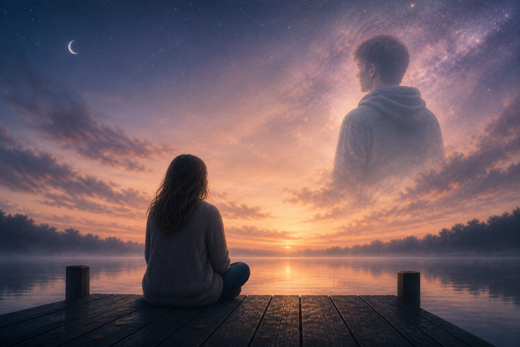 A grieving sibling sitting on a dock at sunset, with the spirit of her brother appearing in the clouds above