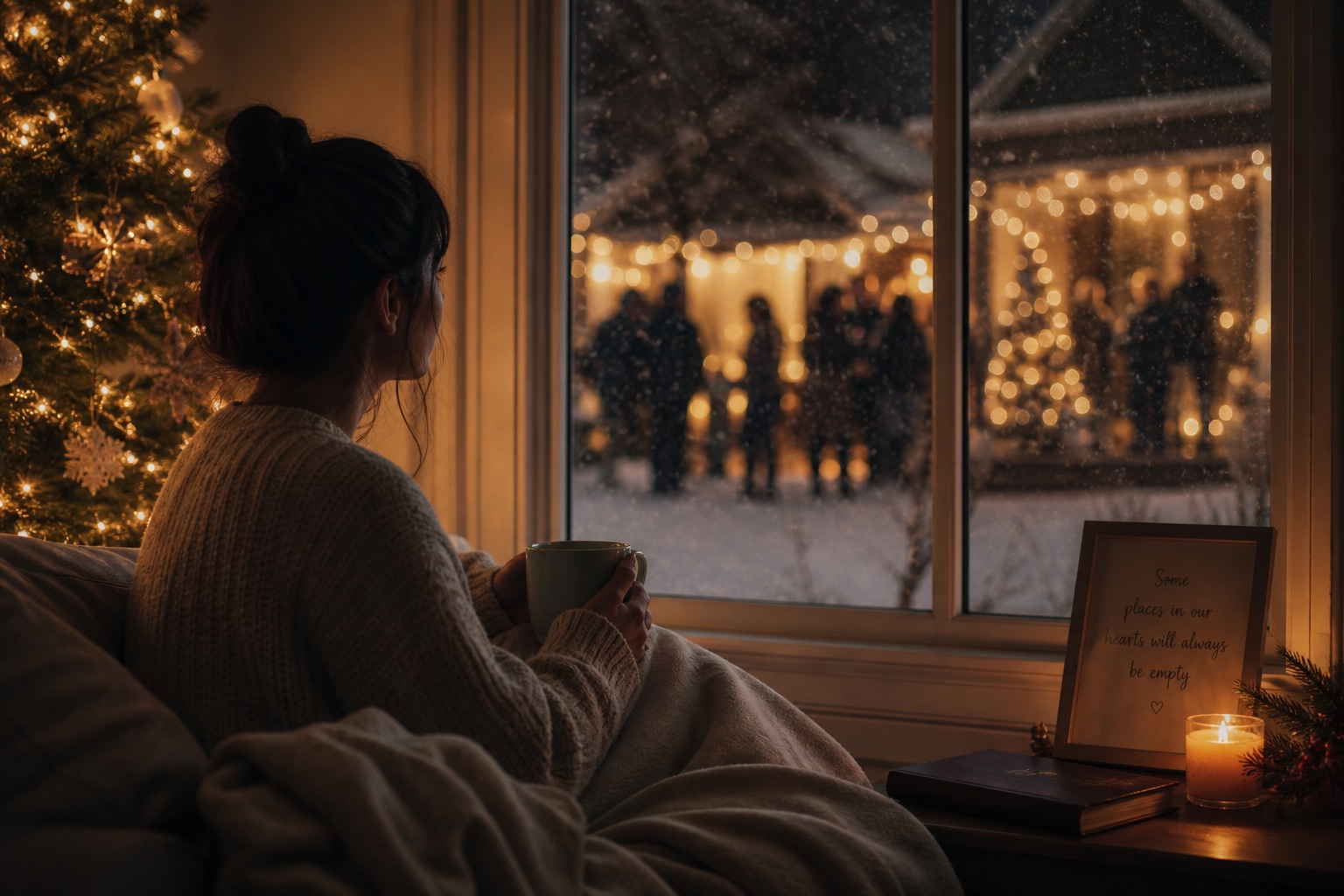 A person sitting alone by a window at Christmas time, looking out at a gathering of people outside in the snow