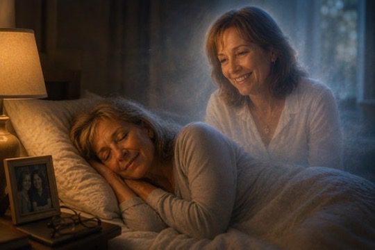 Grief dreams: a glowing, translucent figure of an older woman smiling as she watches over her sleeping loved one, symbolizing a comforting visitation dream.